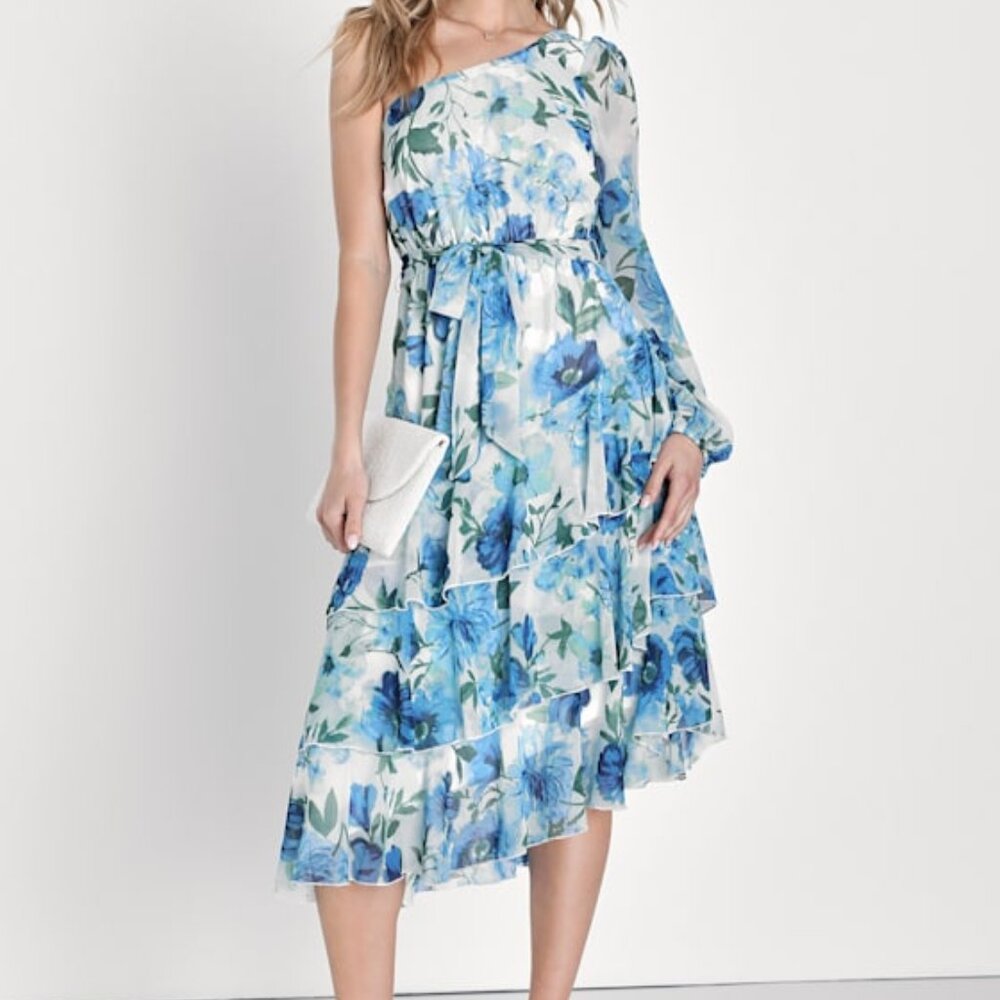 Lulus Such Sweetness Blue Floral Print Tiered Ruffled Midi Dress - Size M
